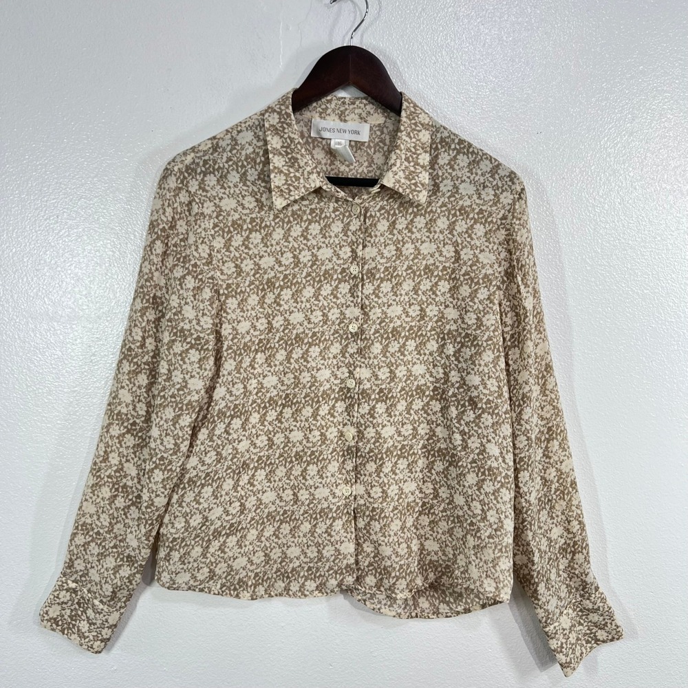 Vtg. Jones New York 100% Silk Blouse 16 Tan White Floral Ditsy Button Up Shirt